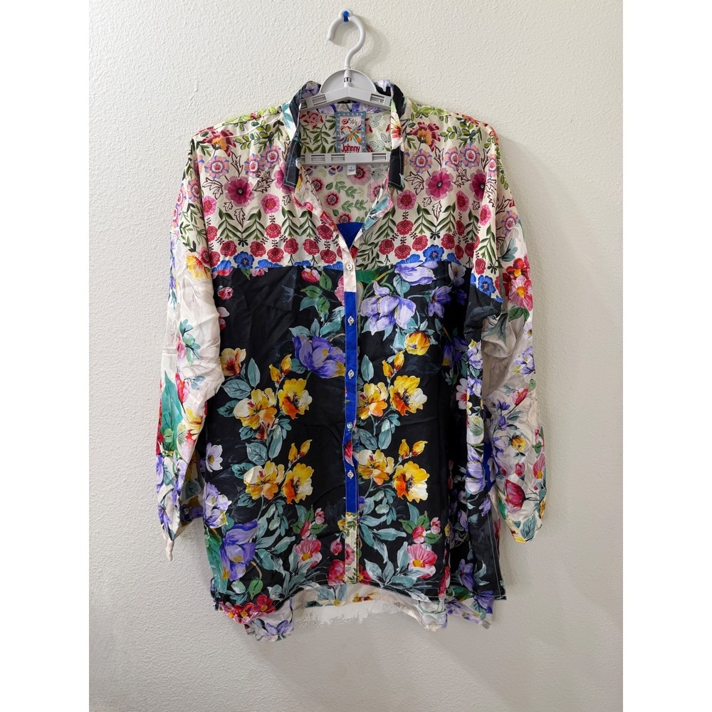 Johnny Was Silk Floral Patchwork Button Down Blouse Multicolor Womens Large